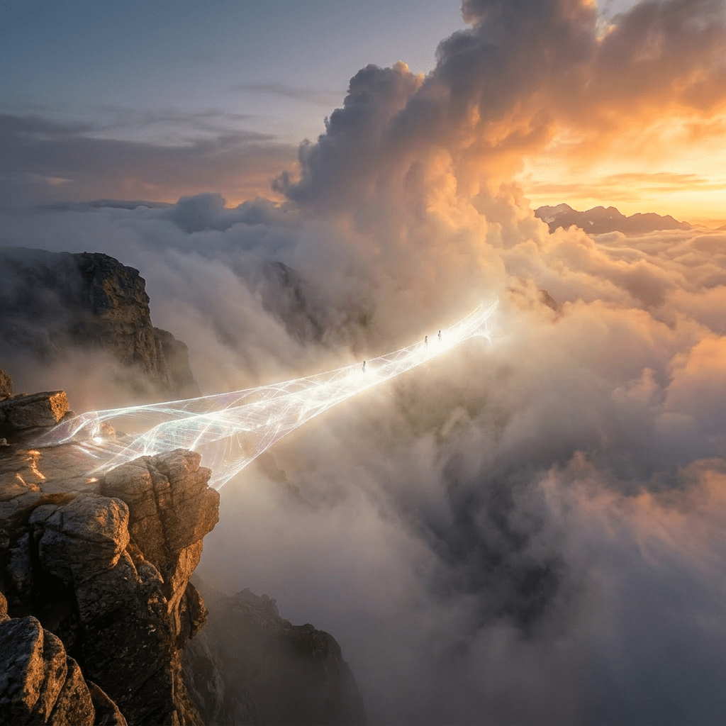 Glowing translucent bridge connecting rocky cliffs above dense clouds at sunset